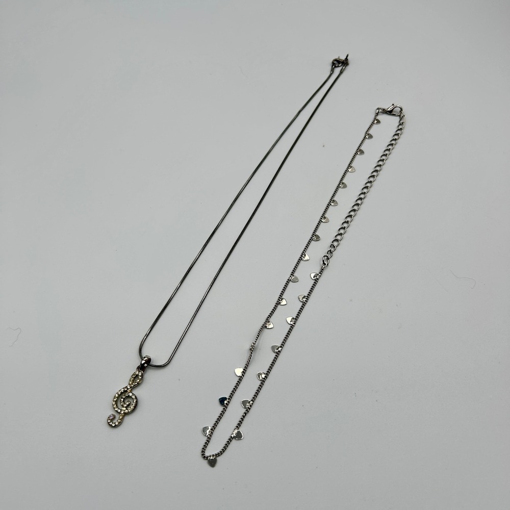 Silver Tone Rhinestone G-Clef Music Note & Heart Charm Necklace Set